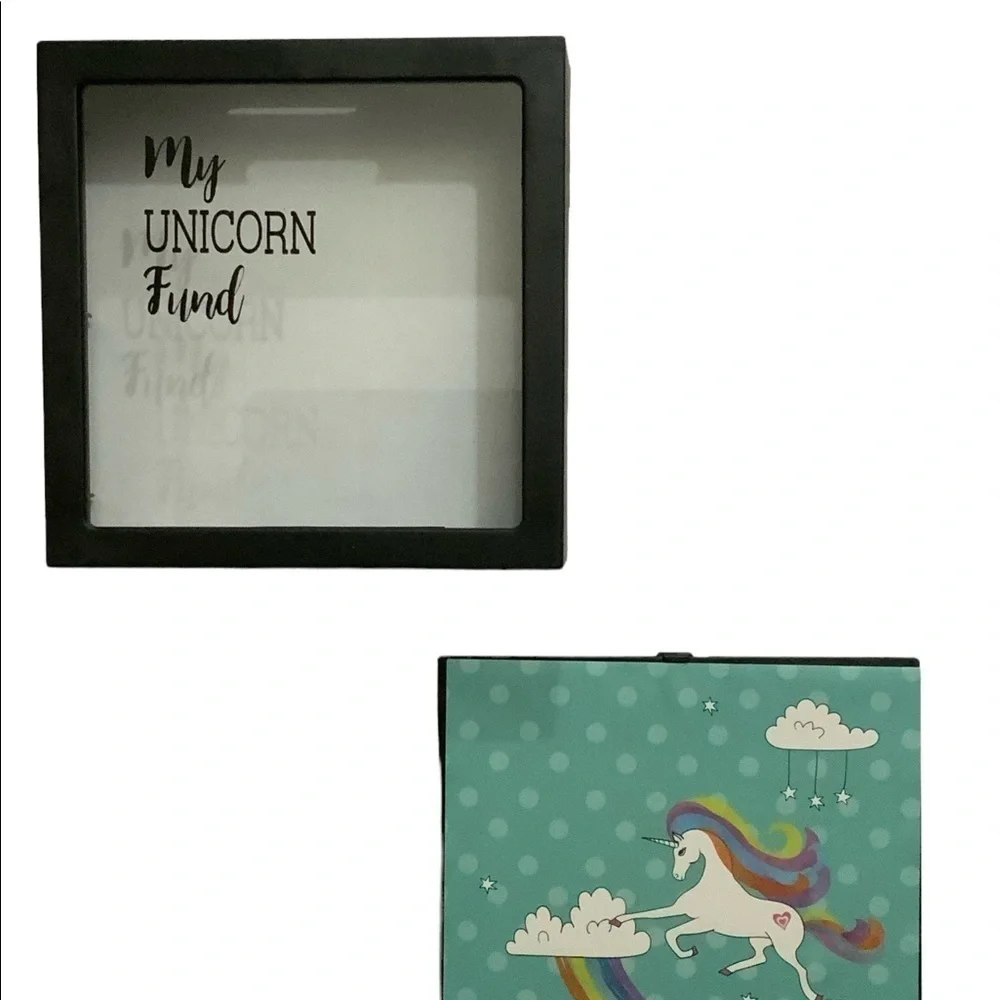 Unicorn Piggy Bank Clear View Front Rainbow Polka Dots Square 6 in x 6 in